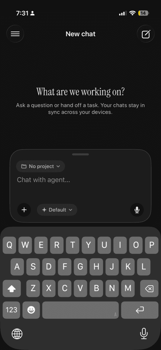 Noetic iOS app — starting a new chat with project and agent pickers